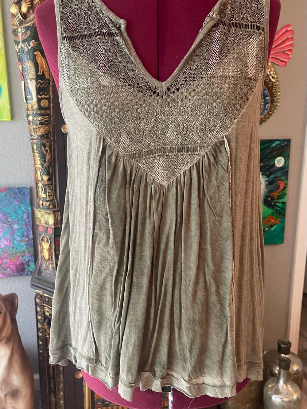 Knox Rose Olive Green Crochet-Yoke Tank
